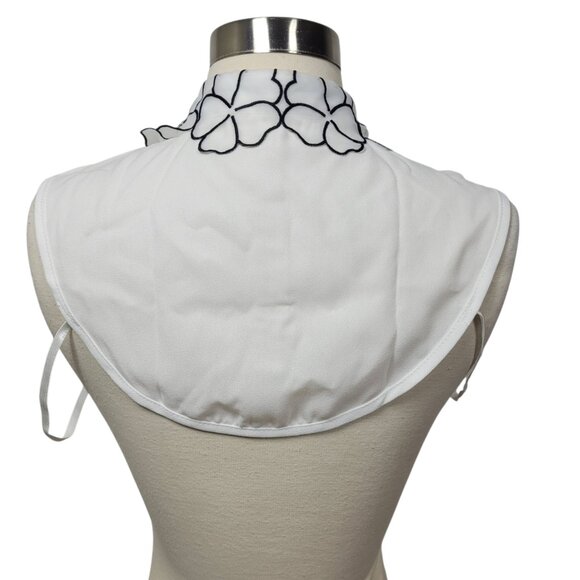 White Detachable Collar Bib w/ Black Floral Embroidery & Rhinestone Detail - Picture 4 of 4